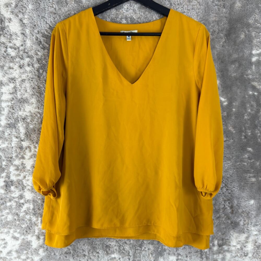Emma Olivia Size M Mustard Yellow Blouse V-Neck Puff Sleeve Stretch Shirt